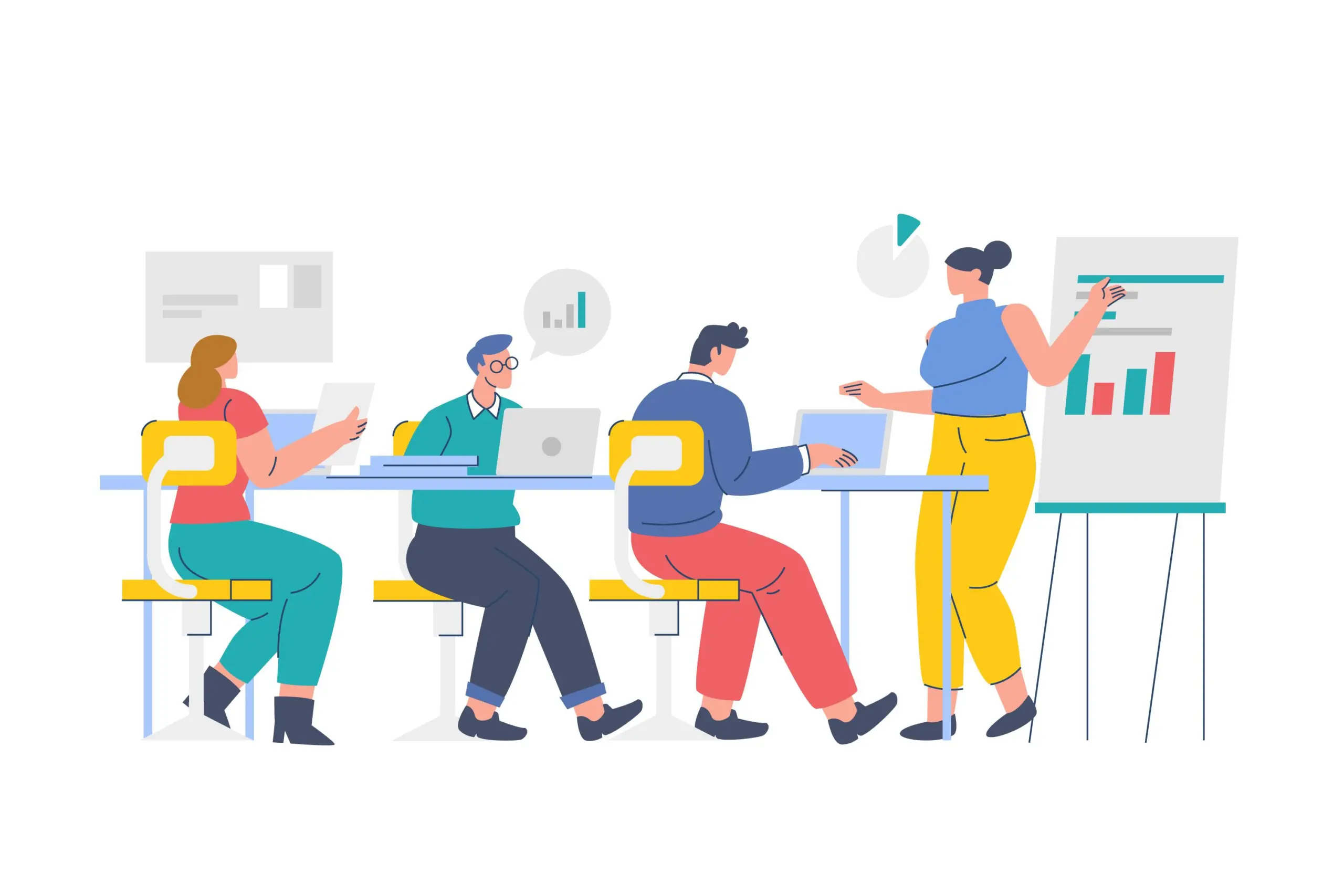 Illustration four people in a group meeting presenting a graph