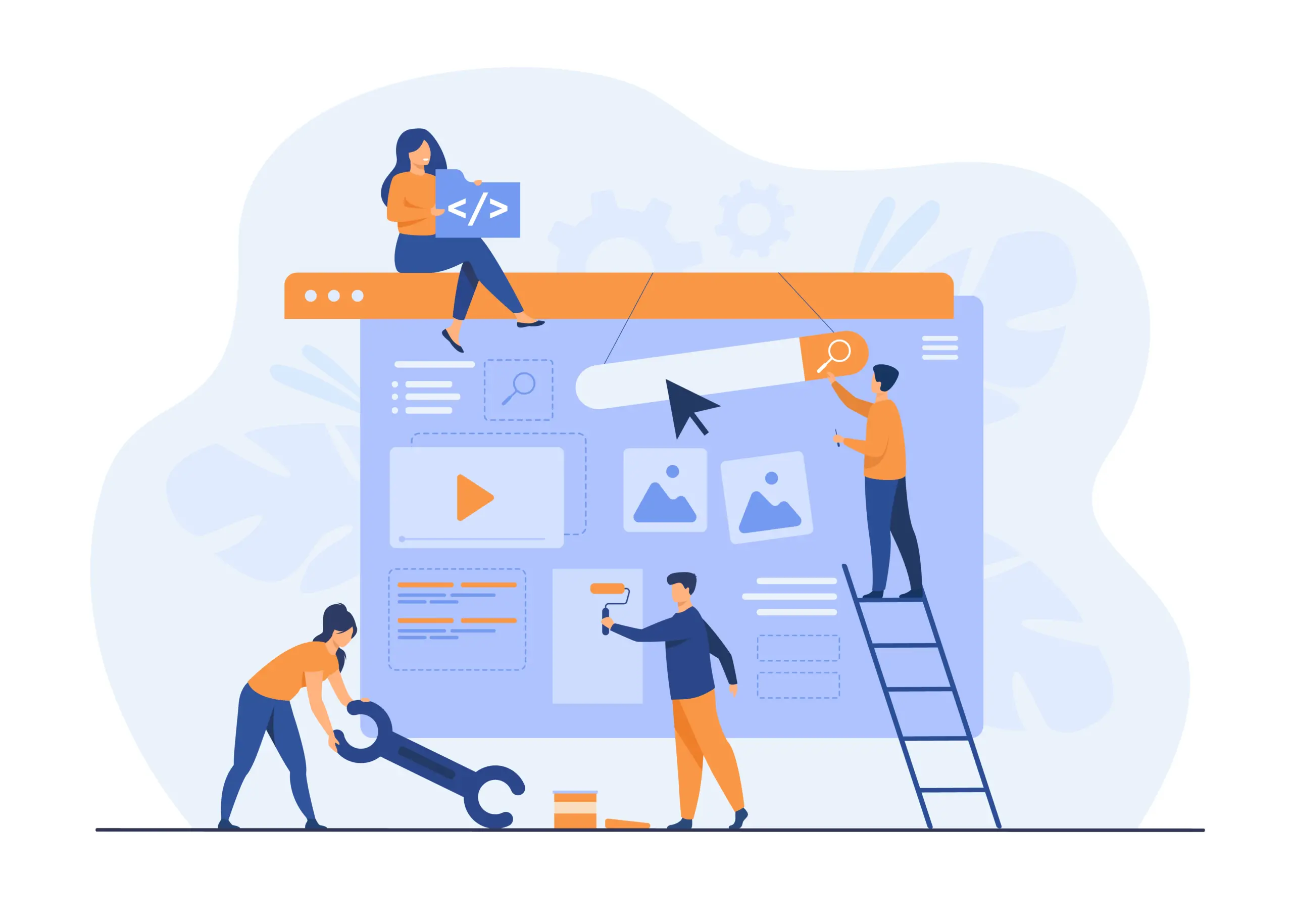 Illustration a four people team building a website 