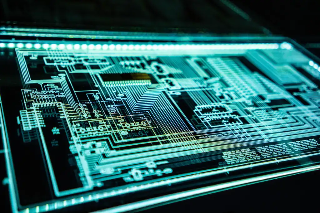 An electronic circuit design displayed on a glowing screen